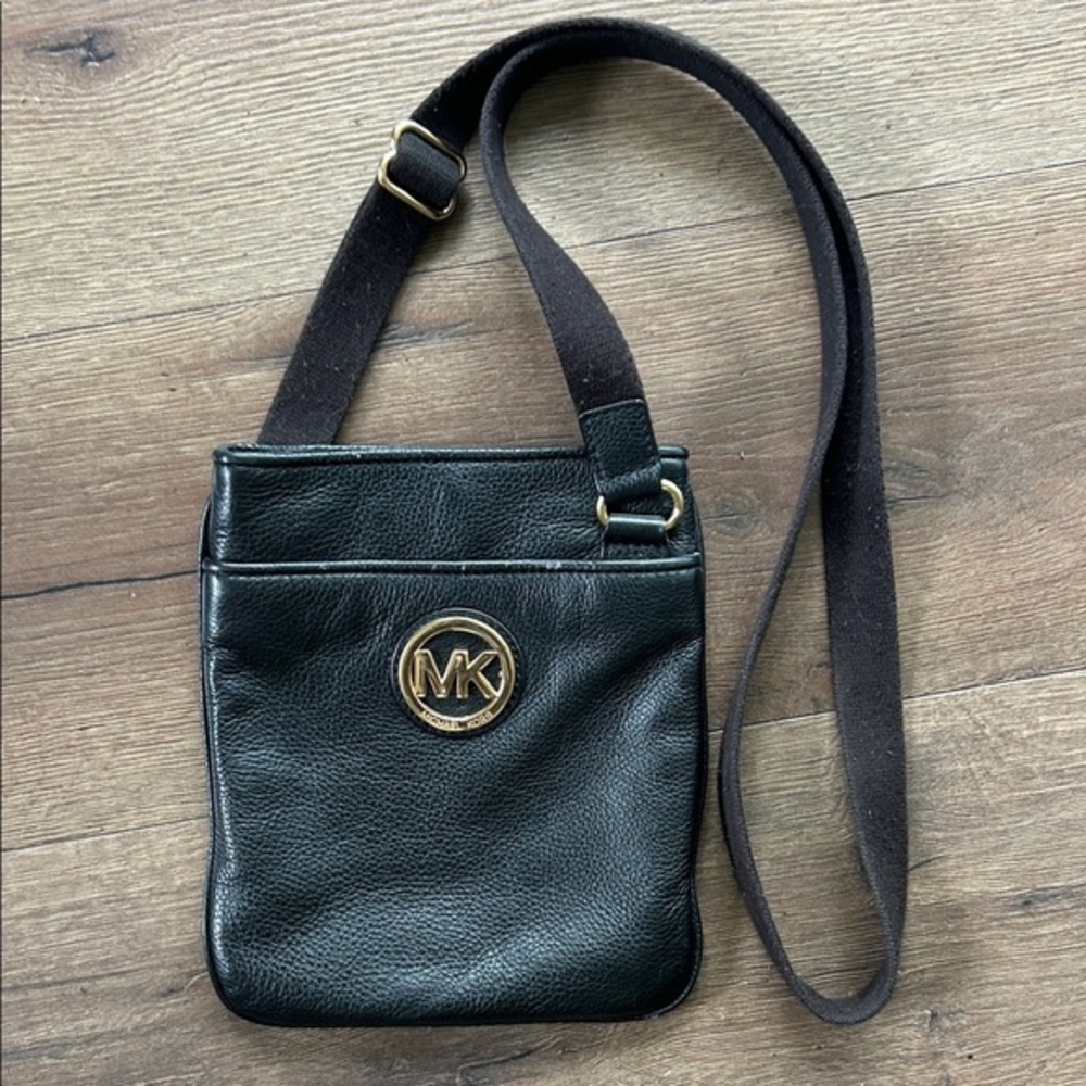 Michael Kors Black Leather Messenger Bag with Gold MK Emblem